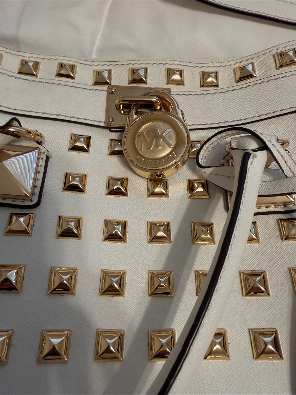 Michael Kors Cream Leather Studded Shoulder Bag With Gold Hardware